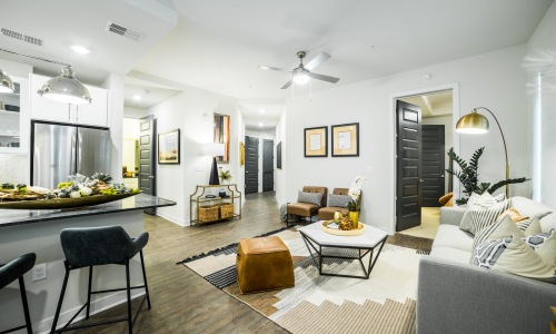 living room with view of kitchen and enterance