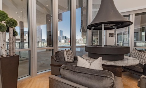 a living room with a large glass door